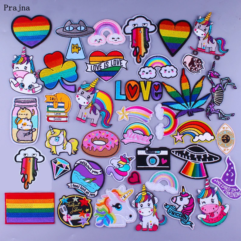 Parches de unicornio Prajna Hippie, parches bordados para ropa DIY, parches mágicos de rayas de arcoíris para planchar para niños, apliques de tela - imagen 2