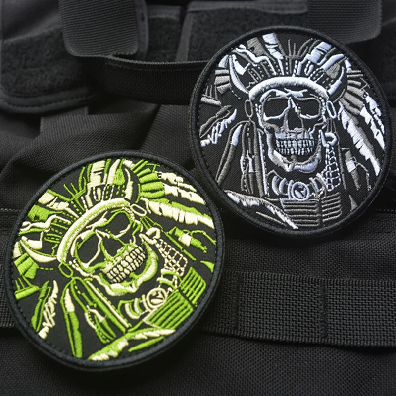 Parche bordado indio DEATH SKULL WAR CHIEF, insignias redondas tácticas de EE. UU. para ropa, chaquetas, apliques decorativos - imagen 4