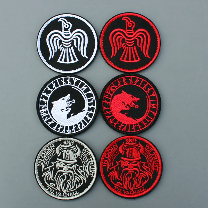 Parches tácticos bordados de lobo vikingo nórdico, insignias bordadas, pegatinas Rojas blancas para ropa, mochila, decoración de mezclilla - imagen 2