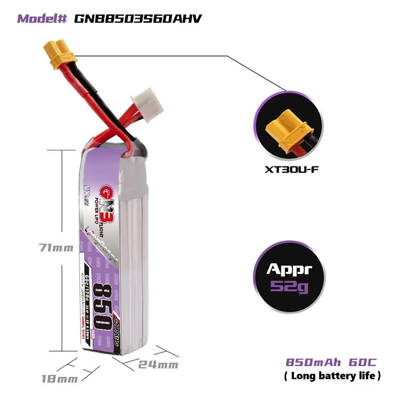Batería Lipo de 2/4 piezas Max 120C GNB 850mAh 3S 11,4 V HV enchufe de XT30U-F/XT60U-F para Dron de carreras FPV 4 ejes UAV Quadcopter RC - imagen 3