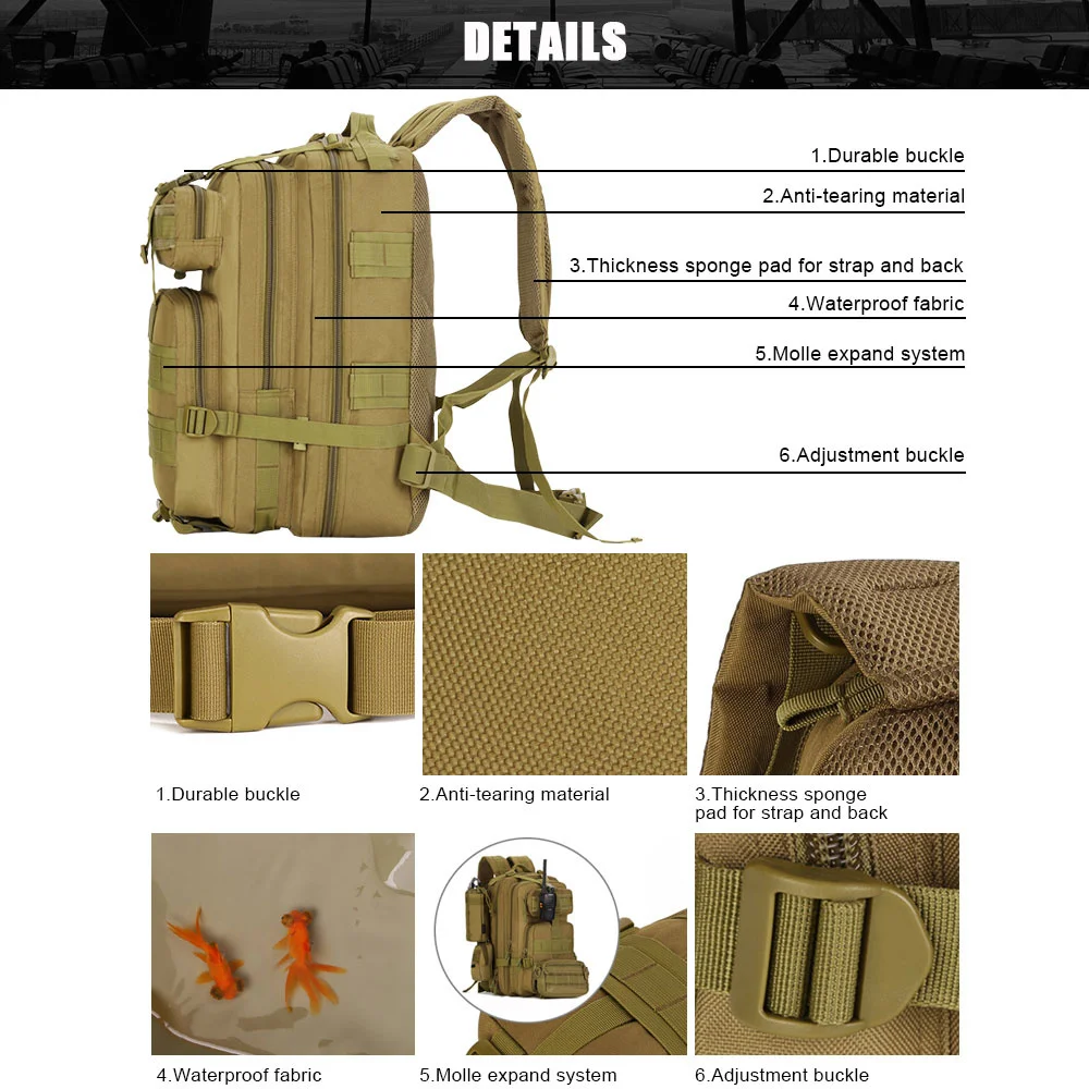 Mochila táctica Molle para caza, pesca, Camping, 3P, Serpentina, militar, deporte de senderismo, viaje, bolsas de escalada - imagen 4