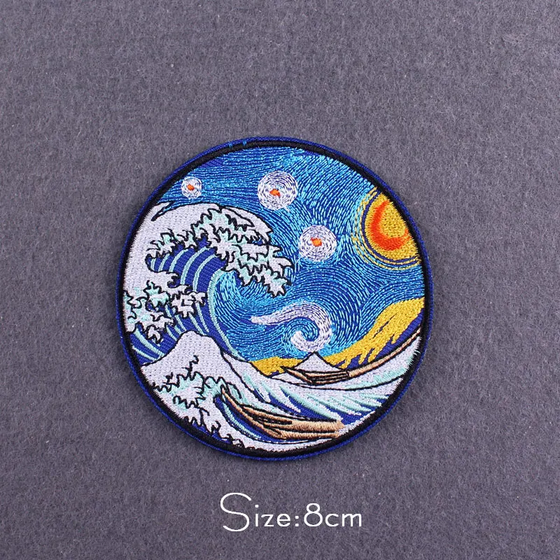 Parche de rayas onduladas para ropa, parches termoadhesivos de Van Gogh, parches para planchar en ropa, pegatinas de ballena, insignias de montaña Diy - imagen 3