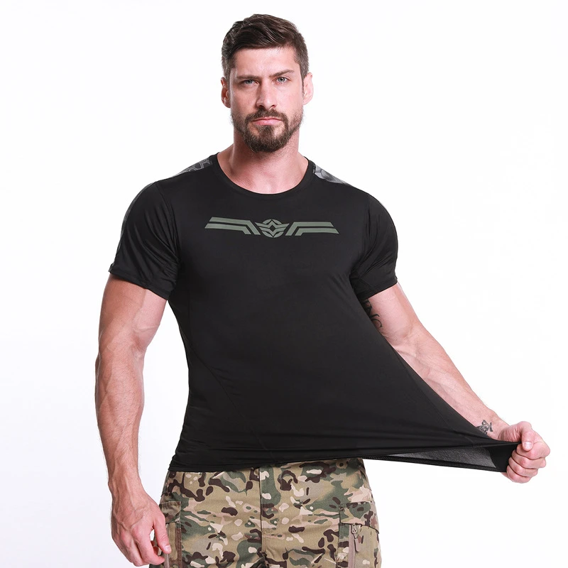Esdy Camiseta de manga corta con cuello redondo para exteriores, camisa de fuerza elástica de secado rápido, absorción de humedad, senderismo, Camuflaje - imagen 5