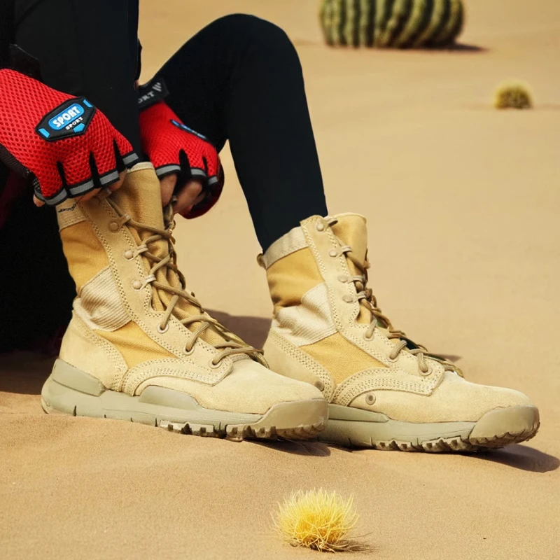 KOWM-zapatos de senderismo de cuero de vaca para hombre y mujer, botas impermeables de caza, zapatos tácticos de combate en el desierto, zapatillas tobilleras de caña alta - imagen 5