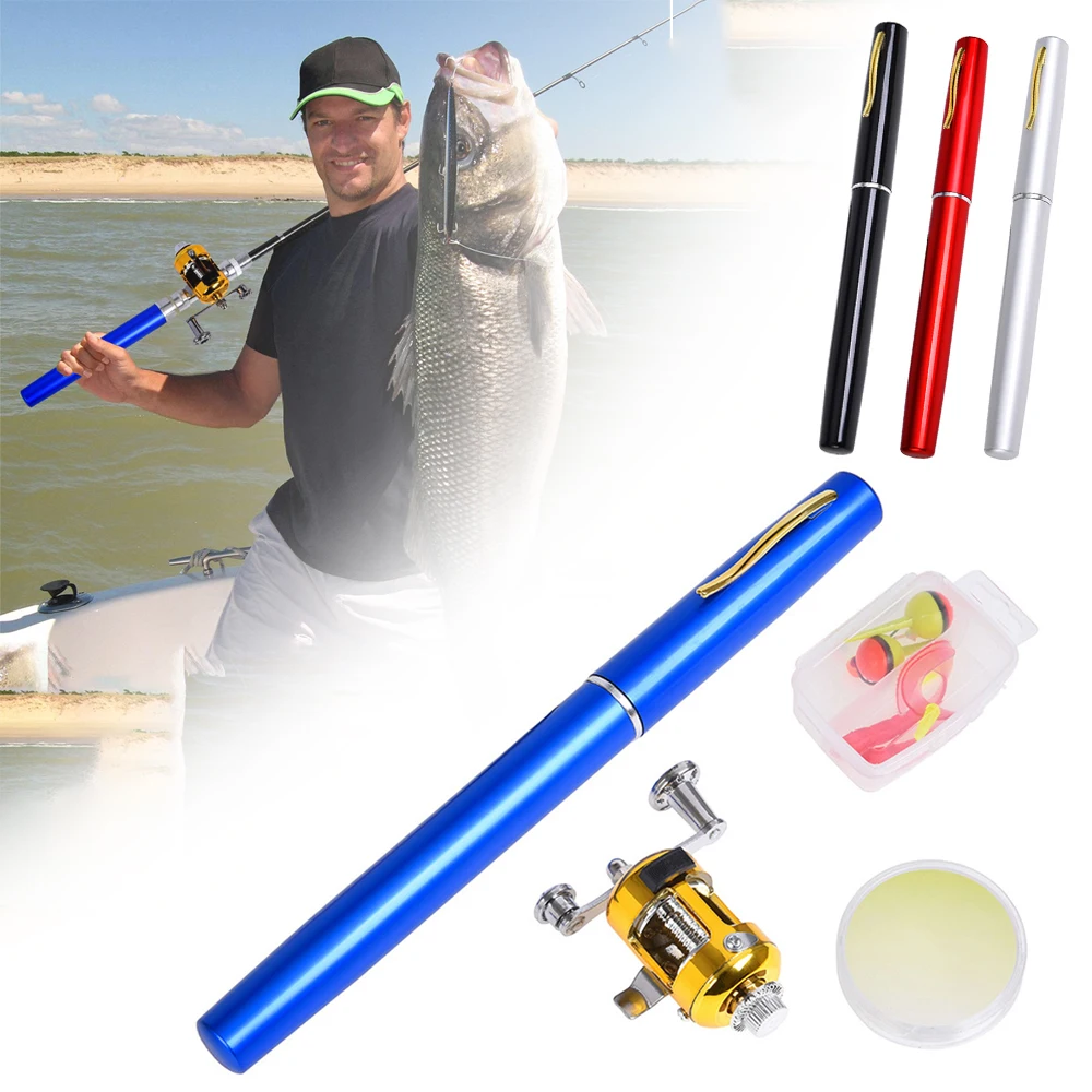 Mini bolígrafo para caña de pescar, Kit de caña de pescar de bolsillo telescópico con carretes, carrete de caña giratoria, Combo de sedal, accesorios para aparejos
