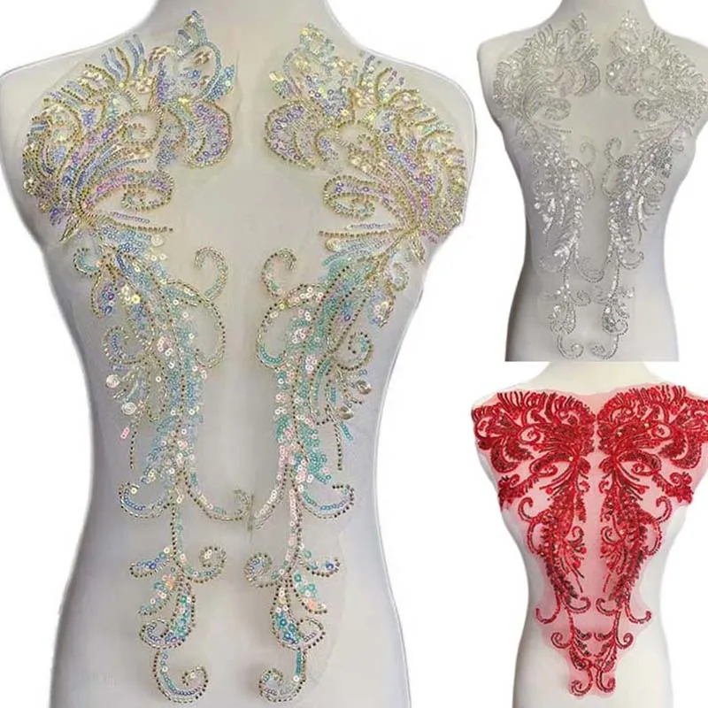 1 par/45*16CM flor blanca tubo de diamantes de imitación con cuentas lentejuelas bordado parche para coser, apliques de corpiño de encaje coser en parches para vestido - imagen 2