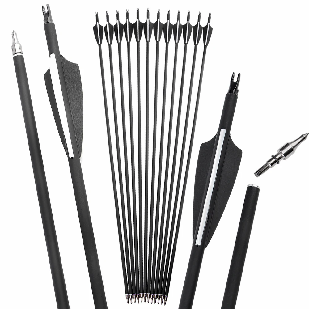 Flecha de carbono SP500 para tiro con arco, 6/12 Uds., 31,7 ", eje de carbono mezclado, pluma de goma de 3 pulgadas, punto de destino de 100 granos, tiro con arco compuesto
