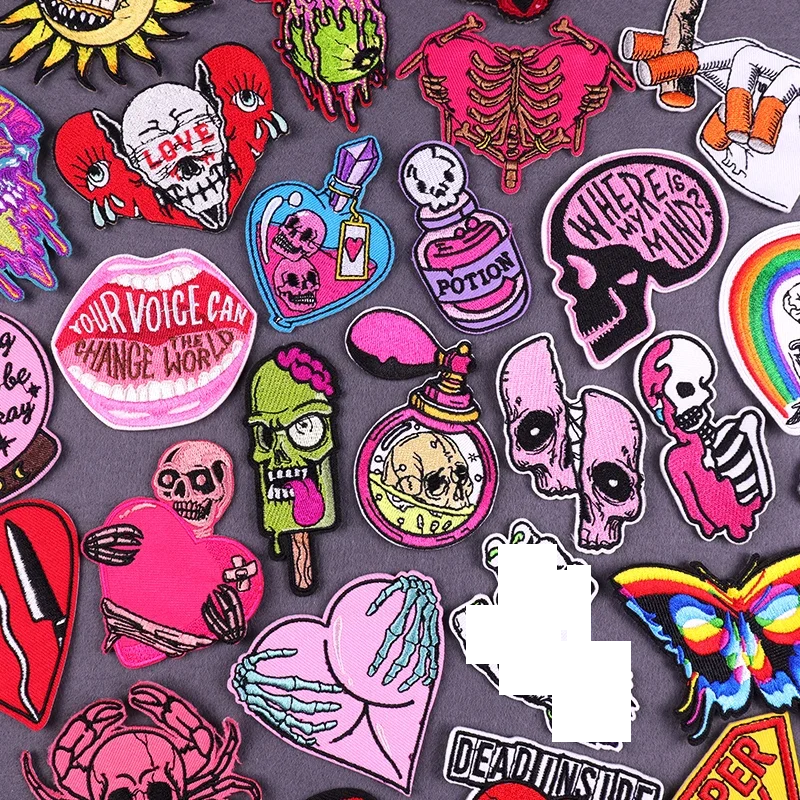 Parche de calavera de Perfume, parche bordado de estilo Punk rosa, parches para planchar para ropa, parches de calavera de corazón de amor, pegatina para ropa - imagen 2