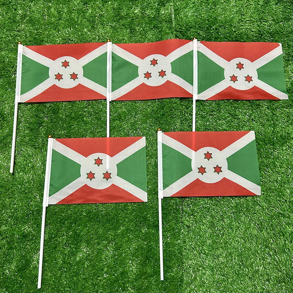 Bandera de la cielo, bandera de mano de Burundi, 10/20/50/100 Uds., 21x14cm, banderas ondeantes de mano de Burundi con poste de plástico para actividades deportivas, decoración del hogar