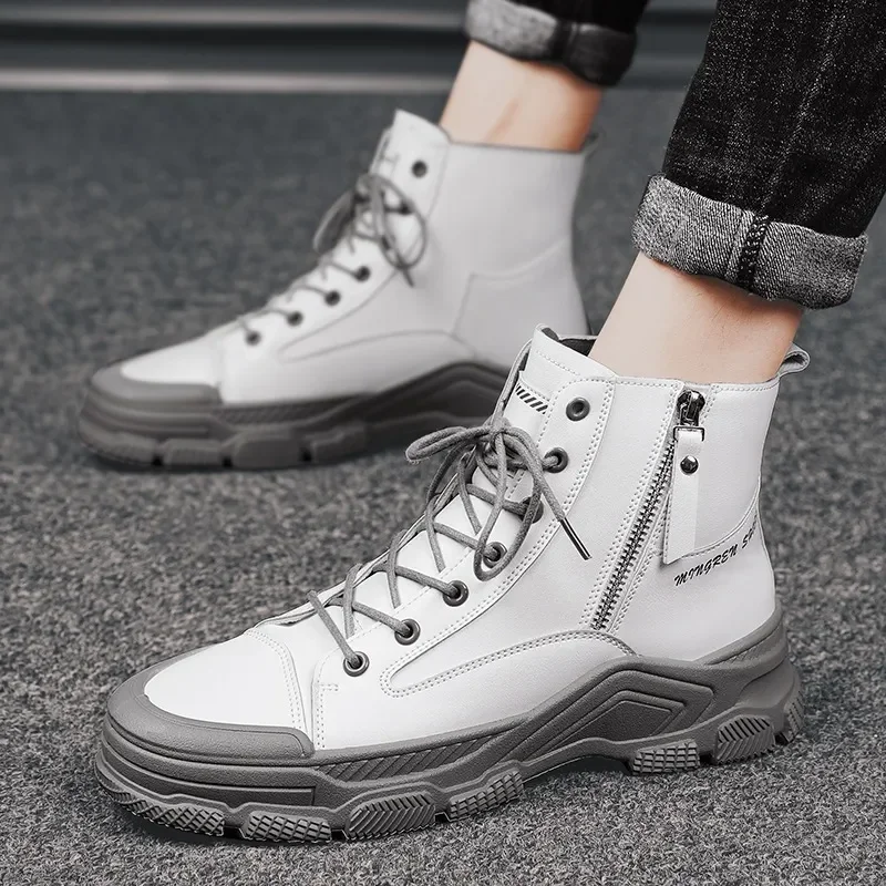 Botas de cuero para hombre, zapatos informales blancos a la moda, botines de estilo callejero, botas para exteriores, Otoño e Invierno - imagen 3