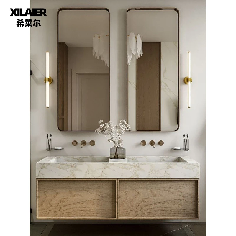 Lavabo integrado de tablero de roca, armario de baño, estilo japonés, madera maciza original, - imagen 5