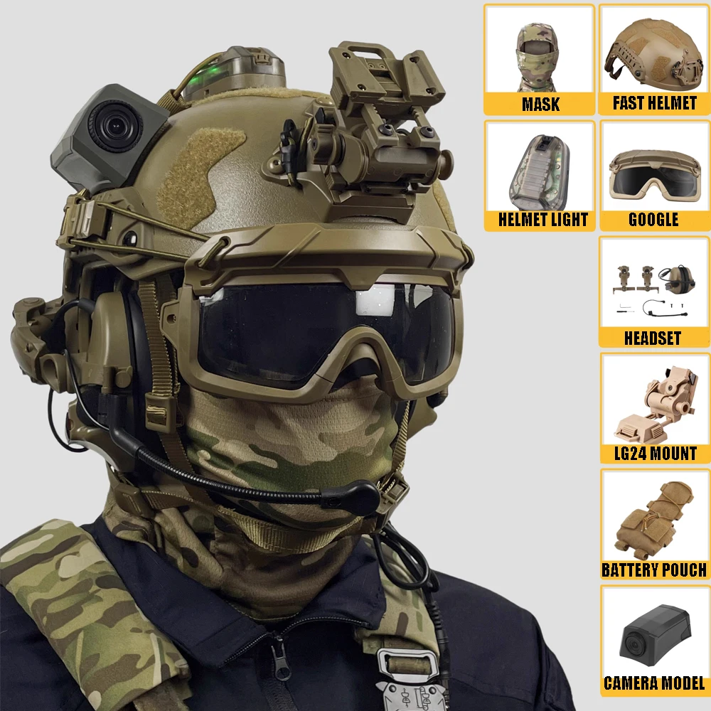 Conjunto de casco táctico con gafas Airsoft, auriculares para tiro, montura LG24, luz de identificación, funda para batería, modelo de cámara, pasamontañas