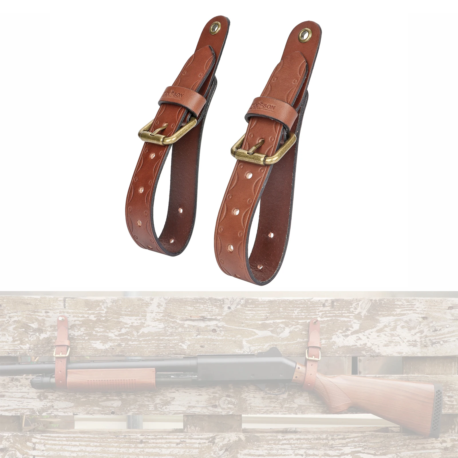 Tourbon Soporte de pared para rifle cuero ajustable caza marrón