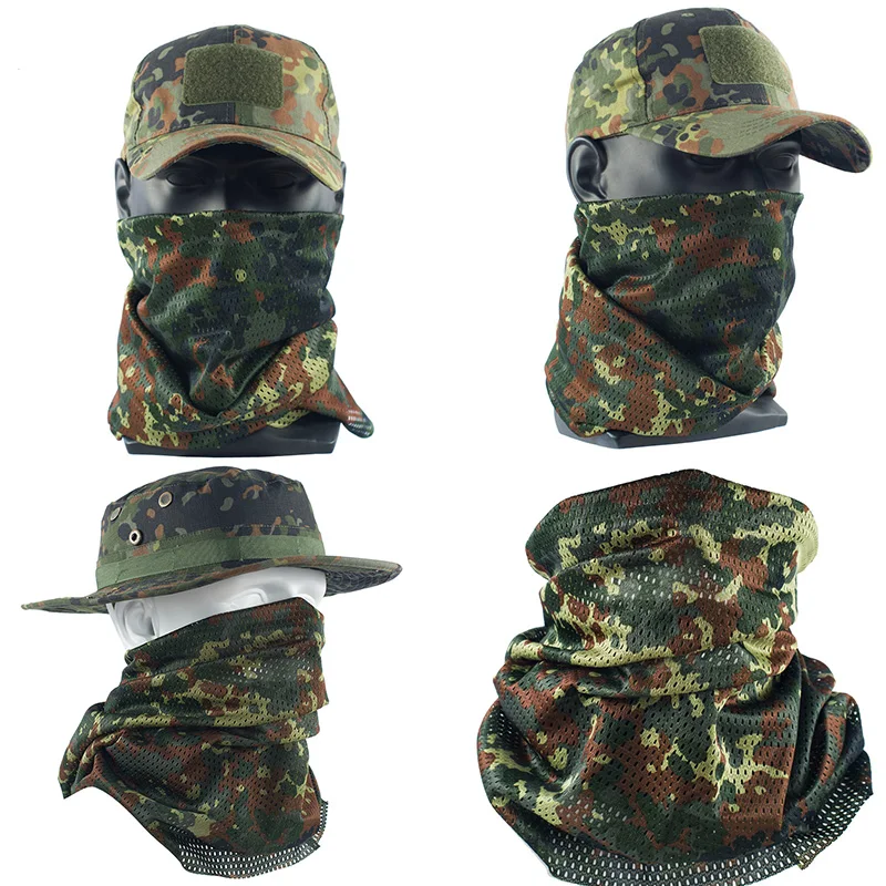 Bufanda táctica de camuflaje manchado alemán para exteriores, máscara de montar con protección solar", "Sombrero de pescador", gorra,