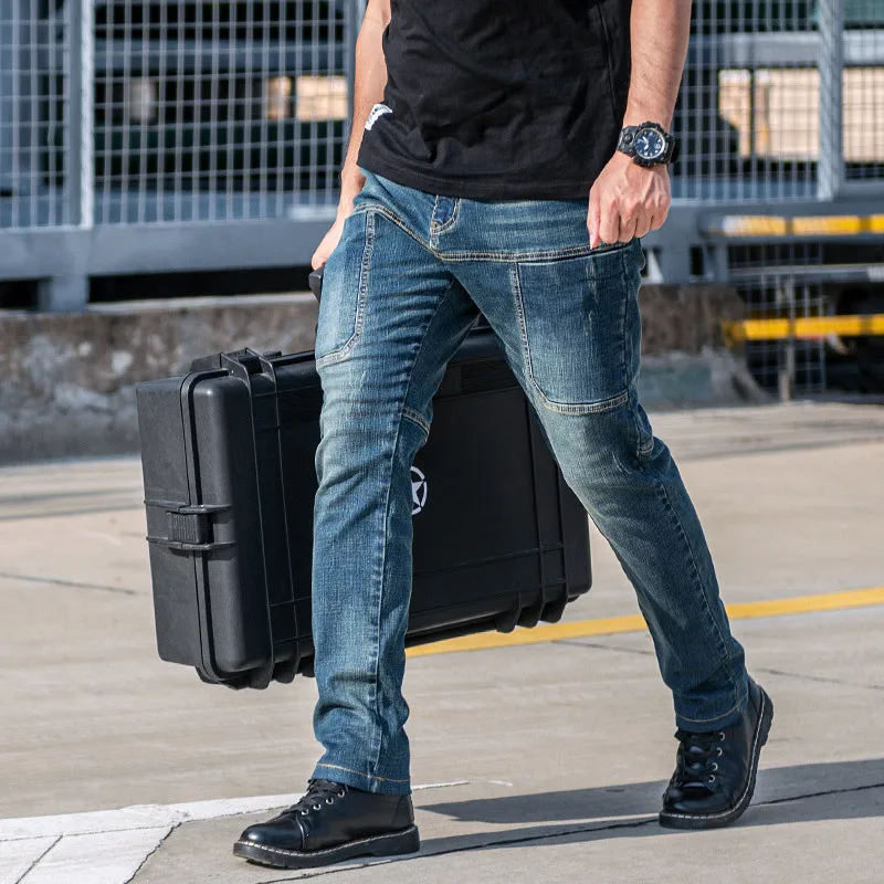 Pantalones vaqueros tácticos para hombre, Jeans rectos informales, tácticos militares, múltiples bolsillos, azul, Dimim, otoño - imagen 4