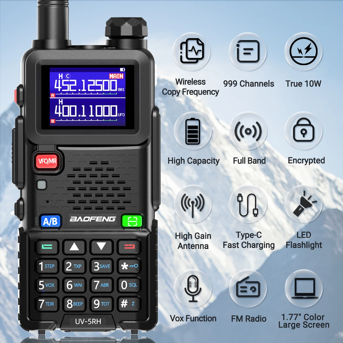 Baofeng UV 5RH 10W bandas completas Walkie Talkie sin cables copia frecuencia tipo C cargador mejorado UV 5R transceptor Ham Radio bidireccional - imagen 5