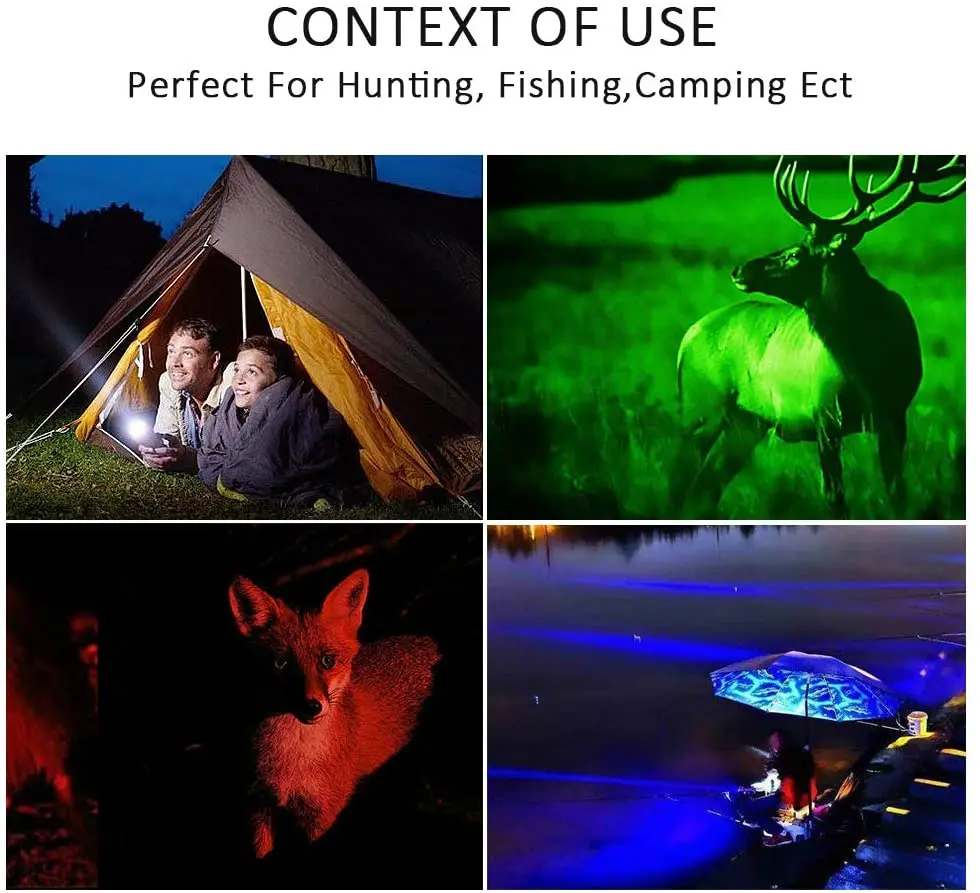 Linterna LED Multicolor 4 en 1, lámpara roja, azul, verde y blanca, portátil, para caza al aire libre, fotografía, Selfie, senderismo, antorcha de alta luminosidad - imagen 4