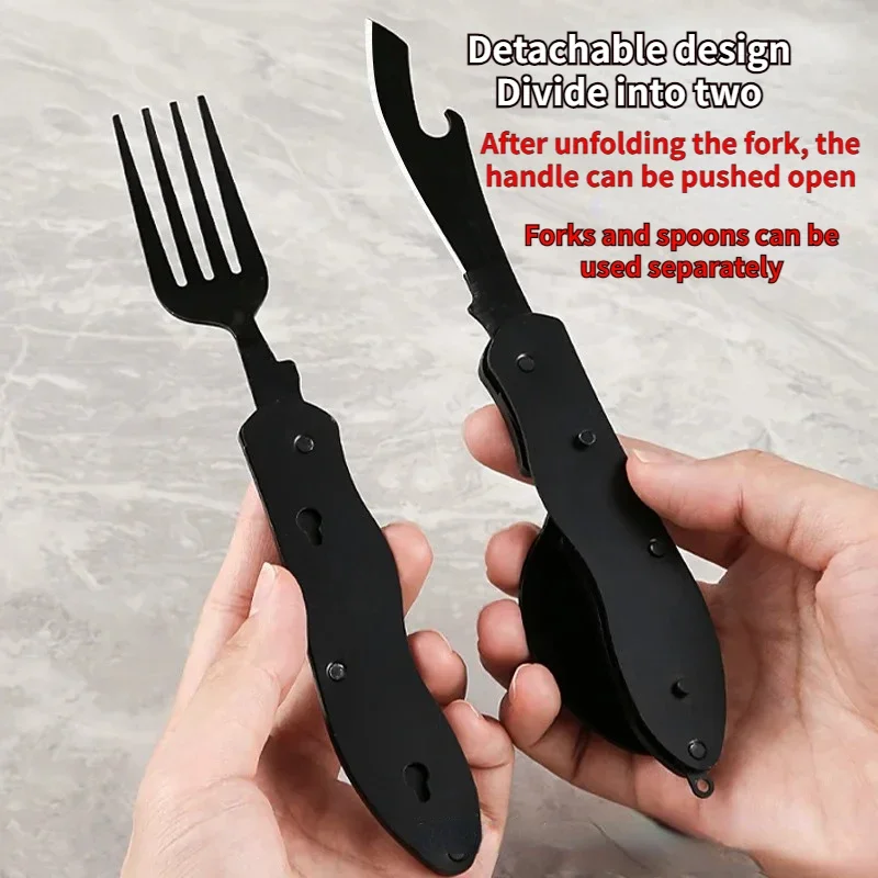 Utensilios para acampar al aire libre, cuchara plegable portátil de acero inoxidable, tenedor, cuchillo, abridor de botellas, conjunto combinado, cubiertos, vajilla, multiherramienta - imagen 5