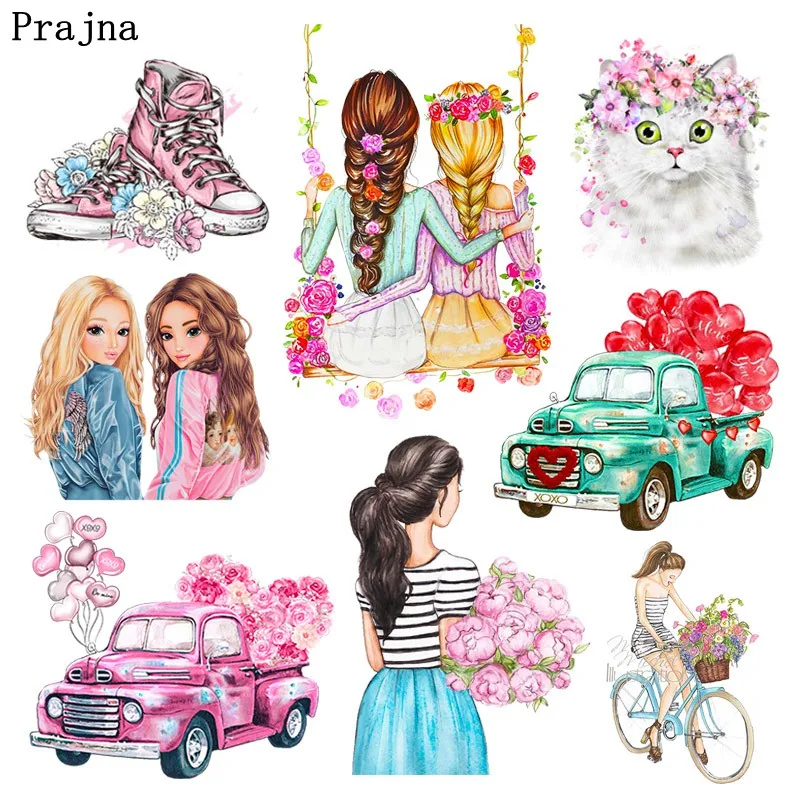 Prajna-Parche de transferencia de calor para chica, transferencias de hierro para coche con flores de dibujos animados para ropa, camiseta, pegatinas térmicas, apliques DIY - imagen 2