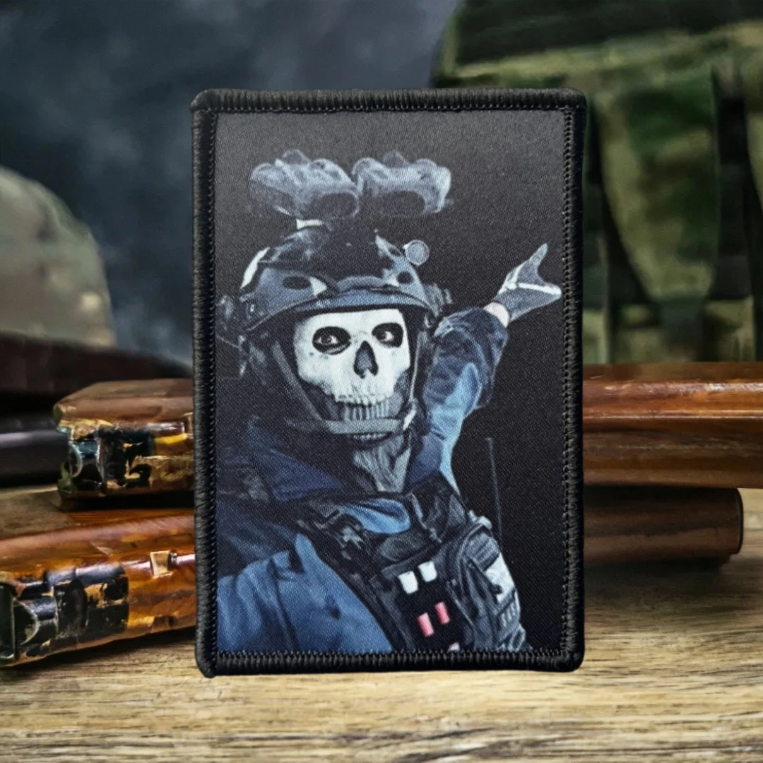 Máscara de fantasma, insignia de moral de Chevron, parches de gancho y bucle impresos con esqueleto para ropa, brazalete del ejército militar, pegatina de embalaje trasero - imagen 4