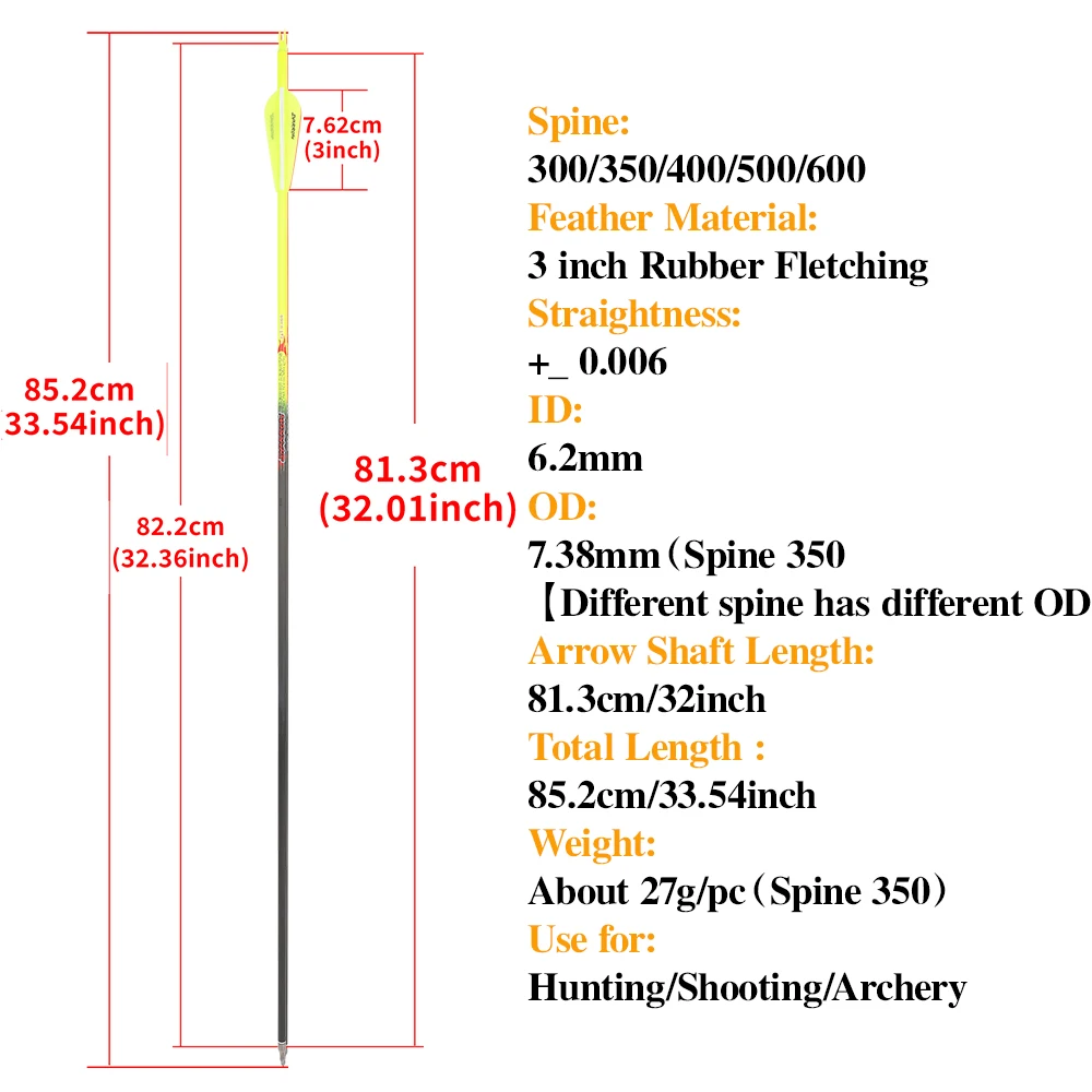‌ 6/12 Uds flechas de carbono puro para tiro con arco 32 pulgadas ID6.2mm columna vertebral 300-600 paletas de 3 pulgadas 0.006 enderezamiento para caza al aire libre ‌ - imagen 2