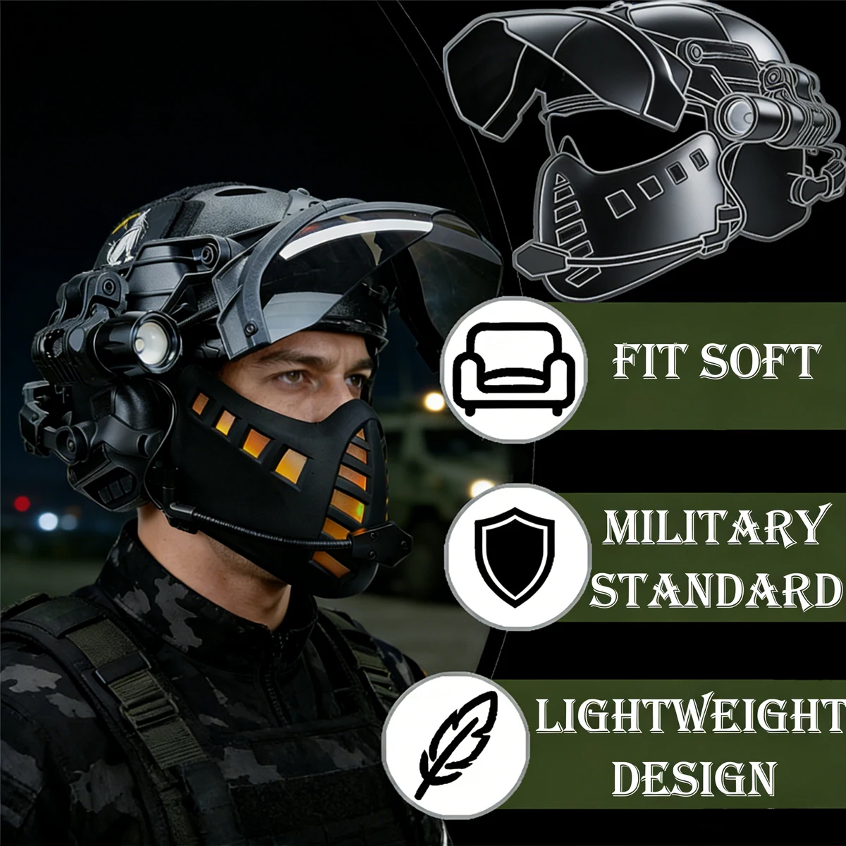 Conjunto de casco táctico Airsoft con máscara facial LED Cyber Punk, auriculares de comunicación, gafas con tapa, linterna para Paintball