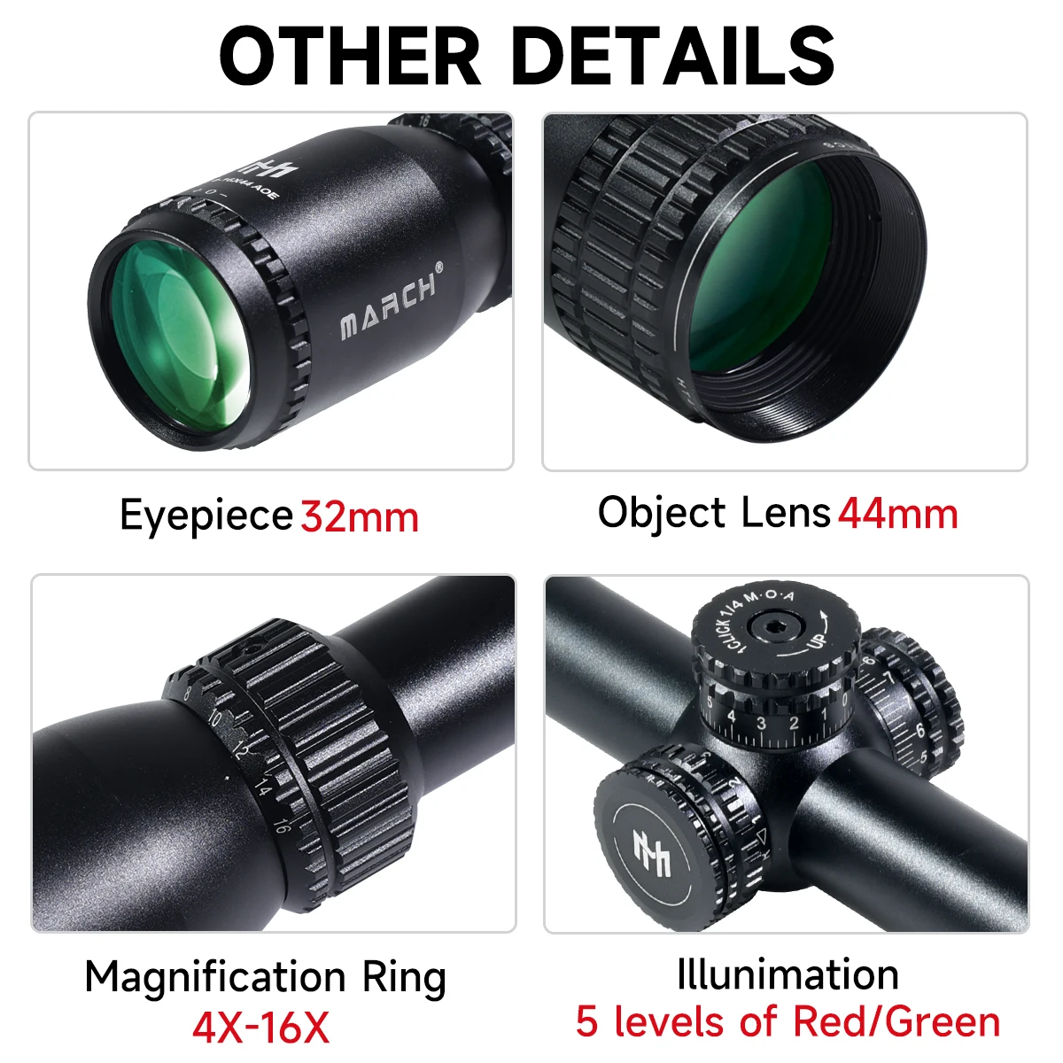 MARCH HT 4-16X44AOE mira táctica retícula RGB iluminado reflejo Airsoft mira óptica telescopios de caza 11mm/20mm montaje en riel - imagen 5
