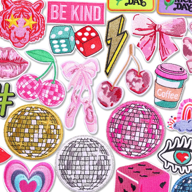 Parches bordados de dados de cereza de discoteca, sombreros, mochila, coser, bordado, DIY, parche rosa de dibujos animados, parches para planchar para pegatinas de ropa