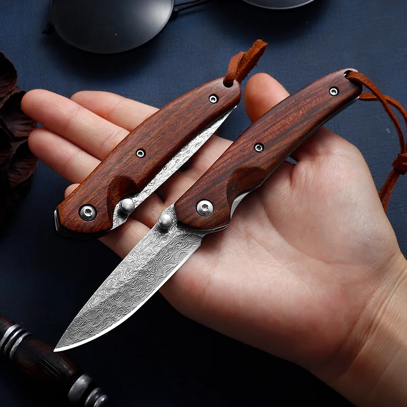 Cuchillo plegable de alta dureza de acero damasco para acampar al aire libre, minicuchillo portátil para acampar, cuchillo de fruta portátil - imagen 2