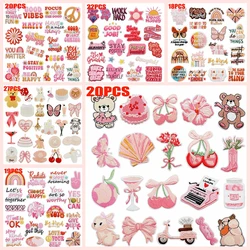 16-30 Uds. Conjunto de parches bordados de la serie de dibujos animados rosas, parche de mariposa y flor con letras de arcoíris, parches para planchar para ropa, sombreros DIY