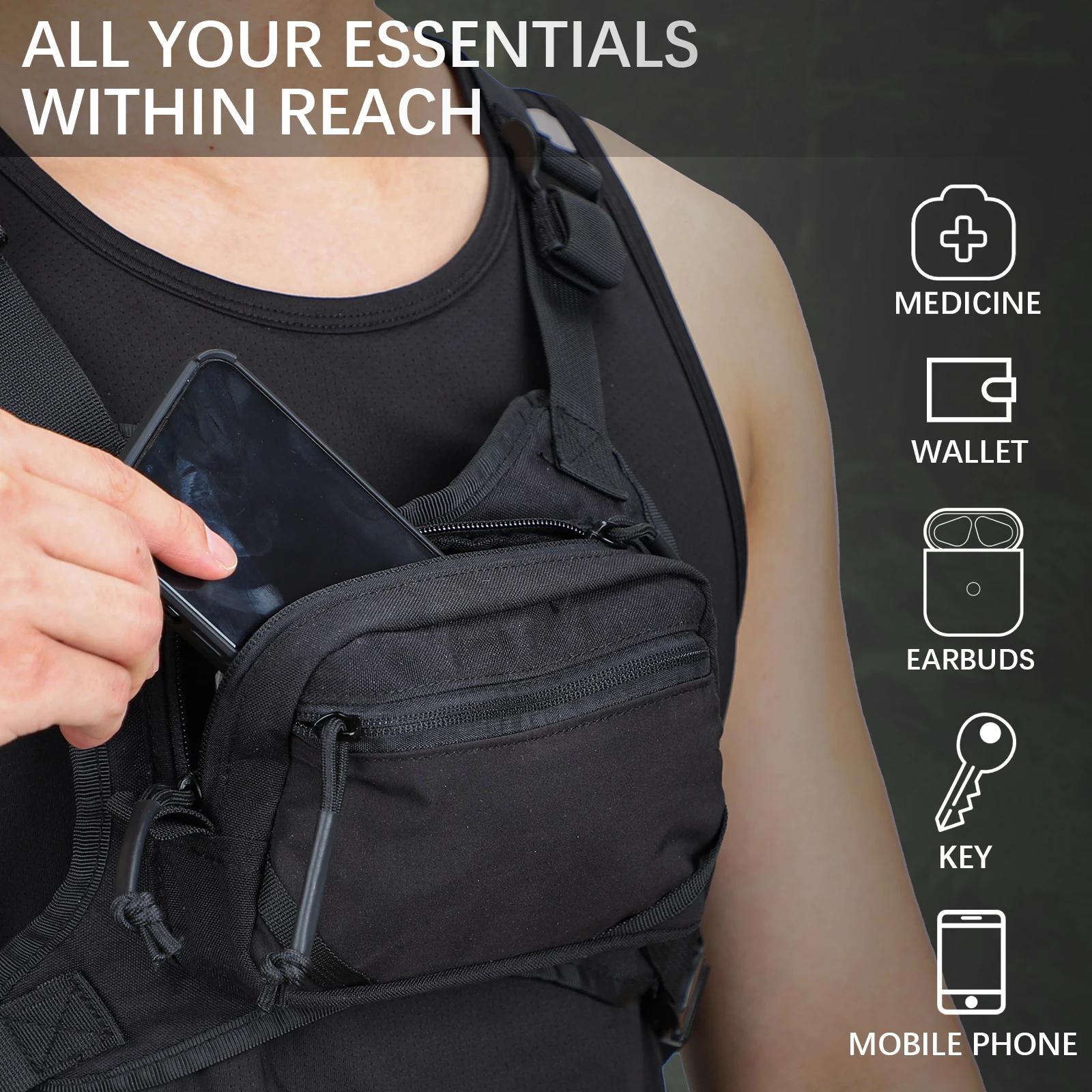 MGFLASHFORCE Bolsa táctica de pecho MOLLE EDC con soporte teléfono - imagen 4