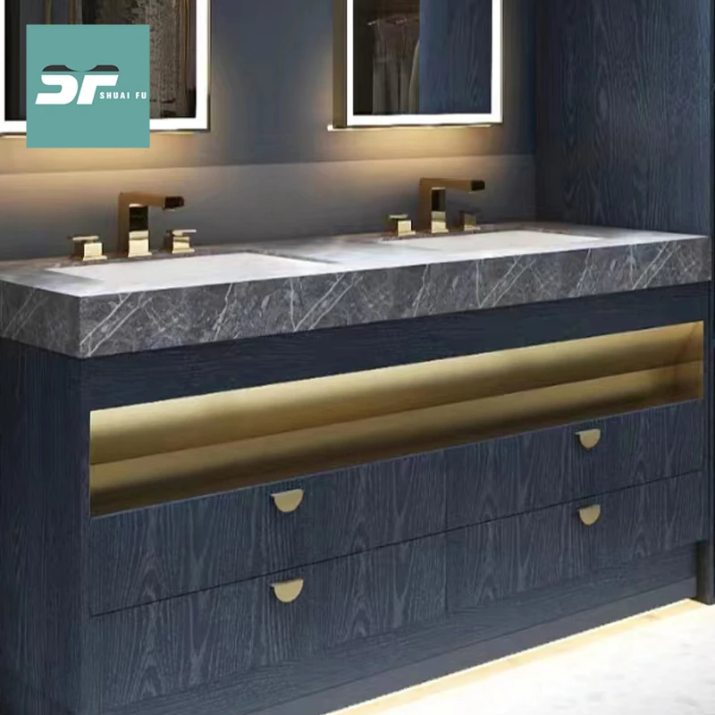 Mueble de baño con tablero de roca personalizado, moderno y minimalista, de madera maciza, combinación de baño, inodoro, lavabo, lavabo, - imagen 3