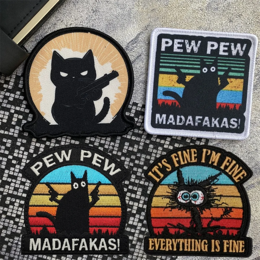 PEW PEW Madafakas AKA gato negro impresión táctica insignia de moral parche gatos parches bordados para ropa mochila gancho pegatina - imagen 2