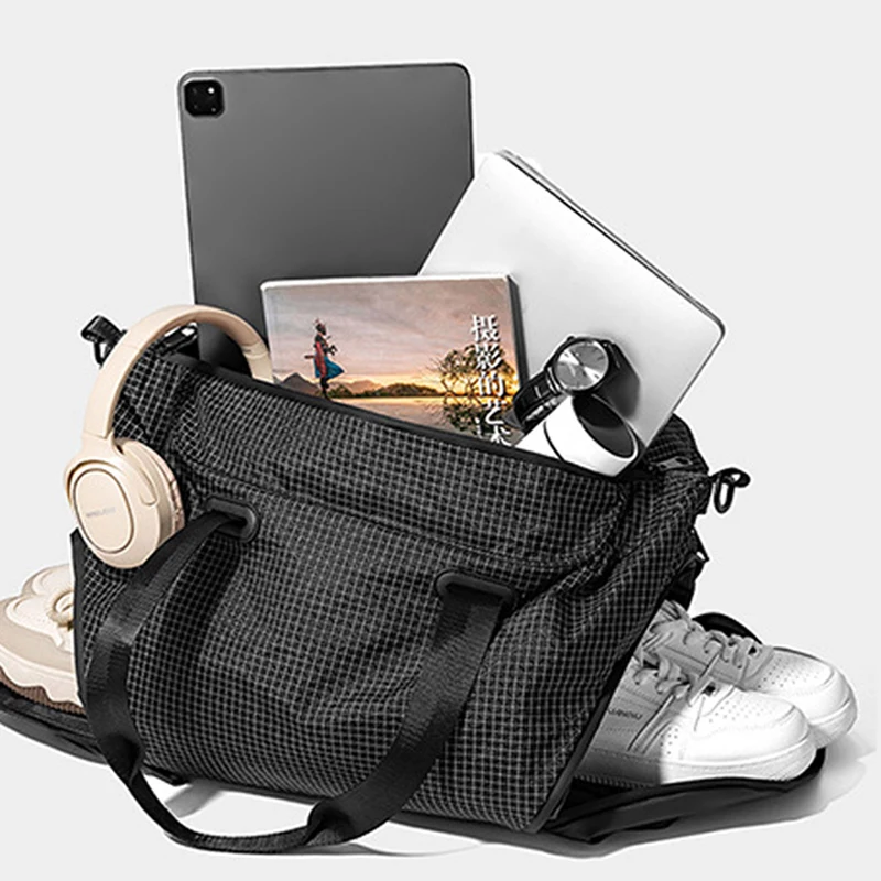 Bolsa de gimnasio para deportes al aire libre, senderismo, Camping, desplazamientos, bolsos de hombro tipo bandolera, almacenamiento de bolsillo para zapatos, bolsos de viaje a cuadros - imagen 5