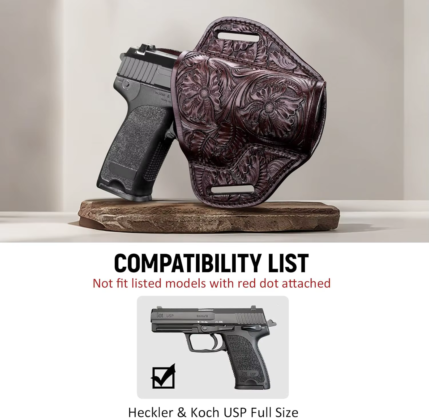 Funda cuero HK USP OWB tallada a mano – Tamaño completo derecha - imagen 2