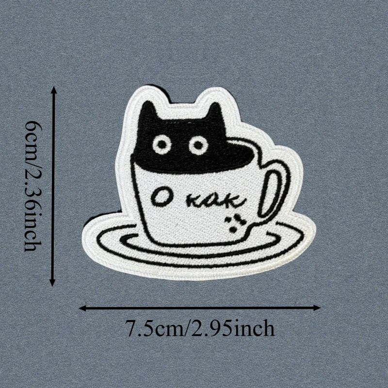 Parche táctico bordado gato negro con taza de café, gancho-bucle - imagen 3