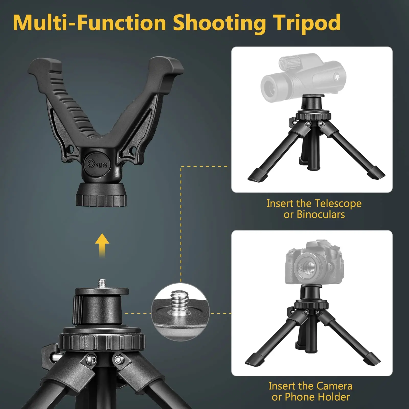 MidTen para trípode m lok, Mini palo de cámara profesional, telescopio de caza, trípode de descanso de tiro, palo de yugo en V de aluminio con carga de 5KG - imagen 5