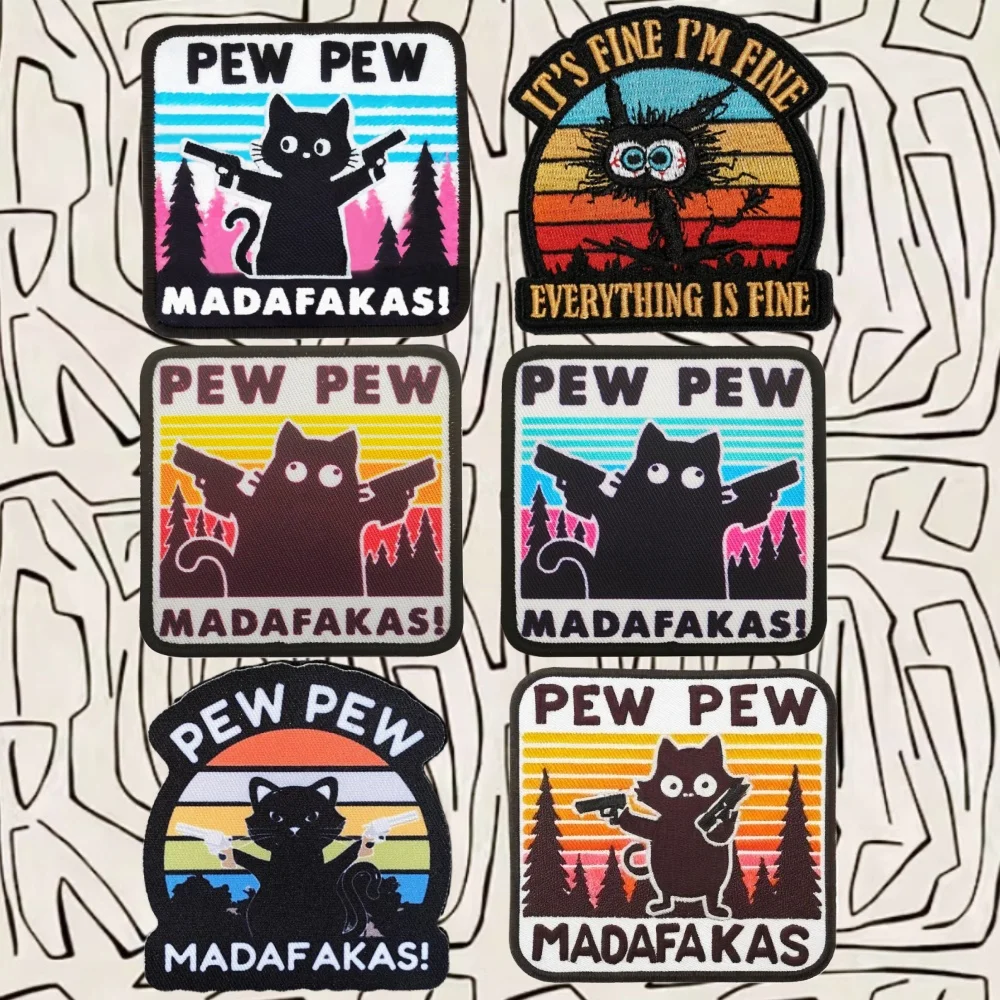 PEW PEW Madafakas AKA parche divertido de gato doble pistola brazalete de gato negro moral para fanáticos militares al aire libre mochila pegatina insignia de gancho y bucle - imagen 2