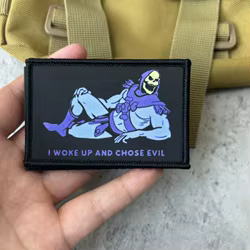 Parche táctico I WOKE UP AND CHOSE EVIL para ropa, emblema de gancho y bucle con estampado de muerte, insignia de moral militar, brazalete, pegatinas para mochila