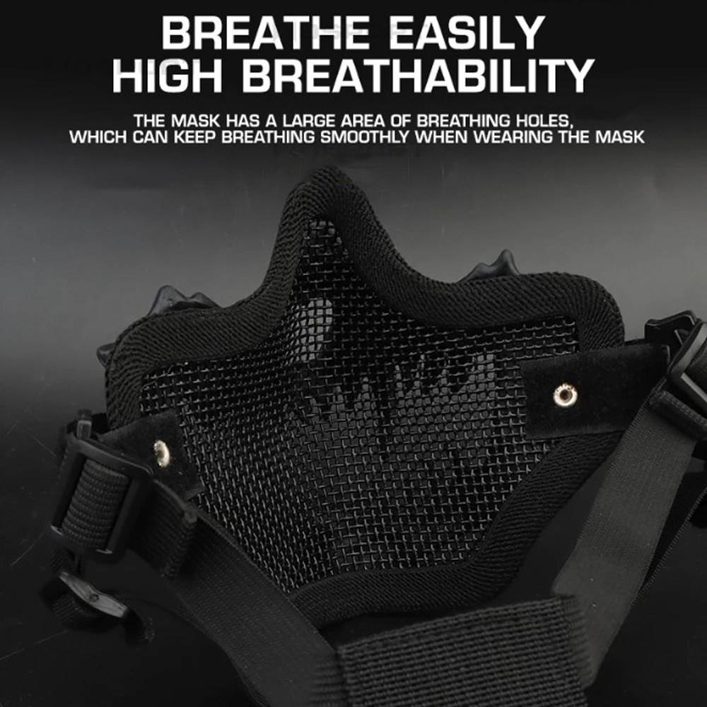 Mascarilla facial Airsoft, malla de acero transpirable, Paintball CS, juego de guerra, máscaras protectoras ajustables, colmillos de Cosplay para Halloween, accesorios de terror - imagen 4