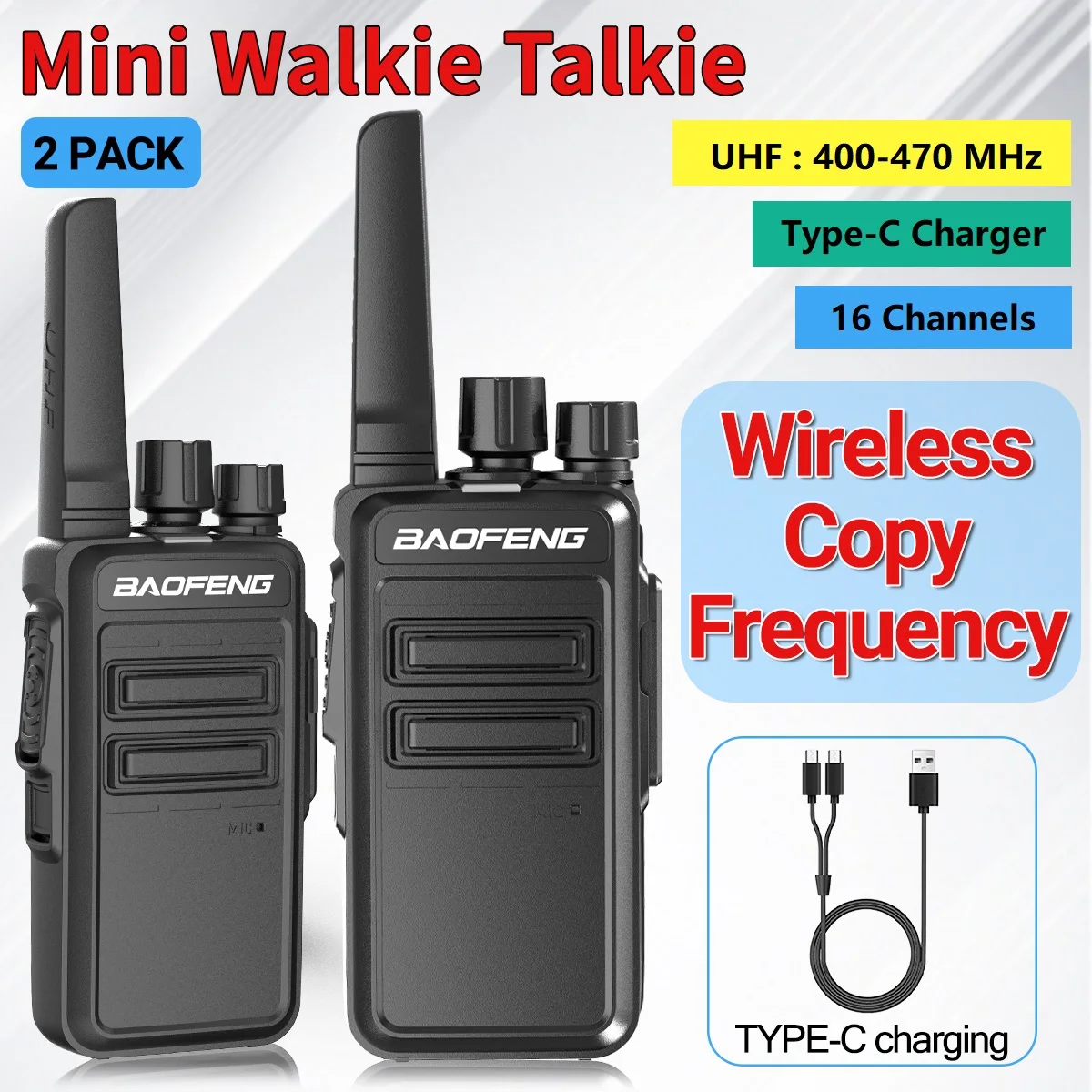 Baofeng-Mini walkie-talkie de largo alcance para piezas, Radio Ham bidireccional, 2 AR-12, frecuencia de copia inalámbrica UHF 400-470MHz, USB tipo C