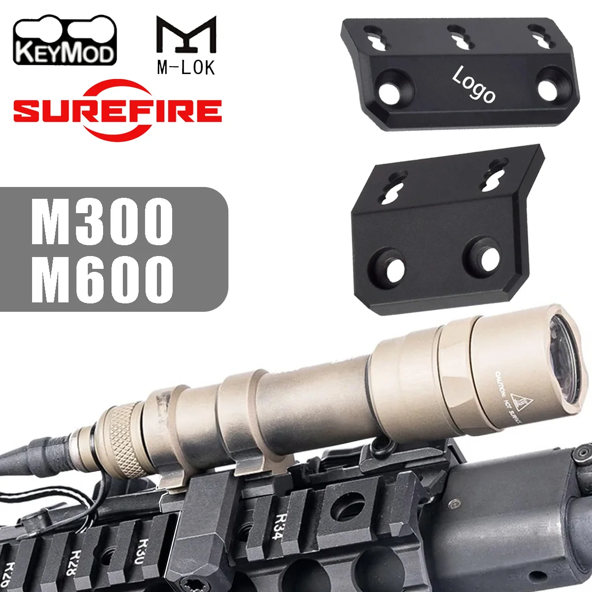 Base de montaje para linterna táctica, luz de explorador, carril lateral para Surefir M300 M600 M600C, compatible con sistema SMR, Mlok Keymod, 20mm, Picatinny