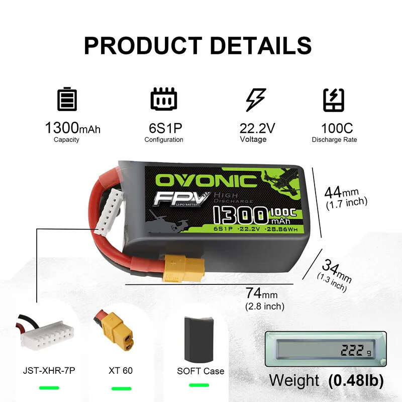 Batería Lipo OVONIC 1300mAh 100C 22,2 V con enchufe XT60 para helicóptero RC Quadcopter Dron de carreras con visión en primera persona piezas batería 6S - imagen 2