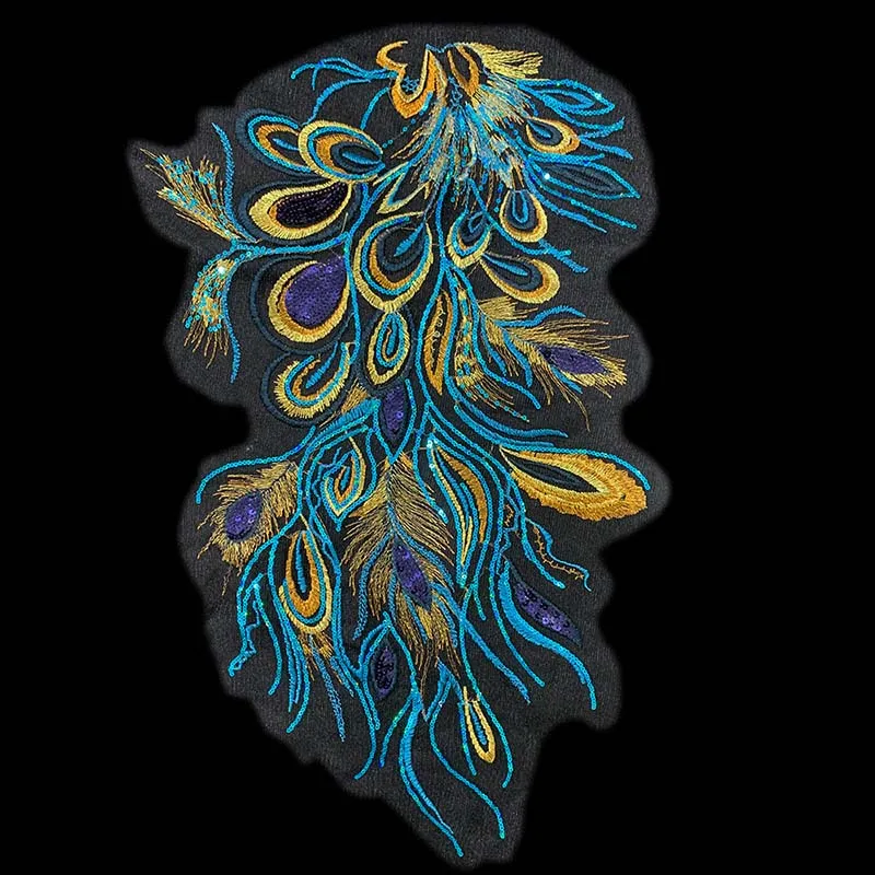 51*40CM/decorios de moda pegatinas de tela de flores 3d de lentejuelas azules, parches de costura bordados de cola de Fénix DIY para vestido de fiesta - imagen 2