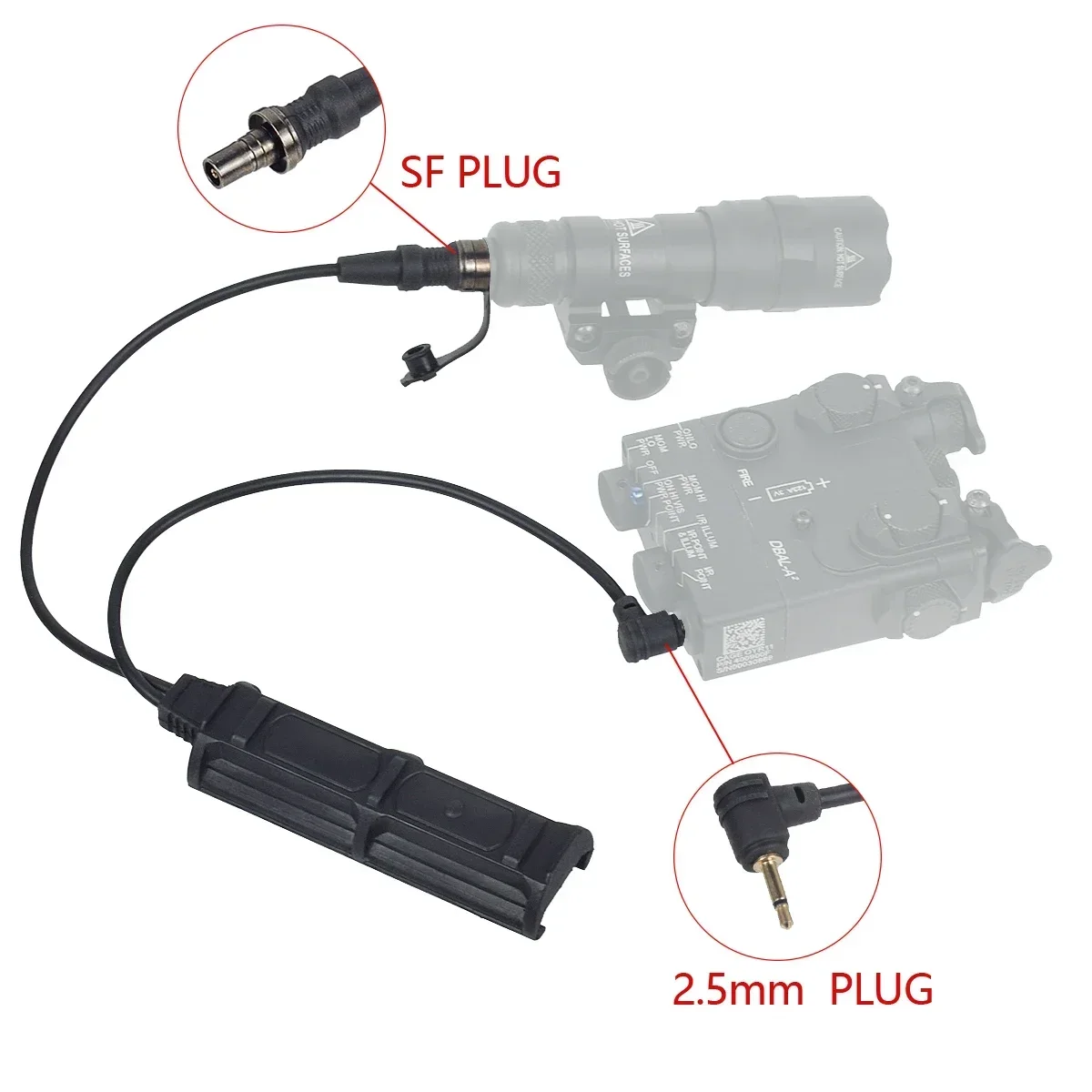 Interruptor doble remoto táctico PEQ15, 2 enchufes de presión SF y interruptor de 2,5mm para AR15 M4 PEQ M3X DBAL Surefire M300 M600, linterna para arma - imagen 2