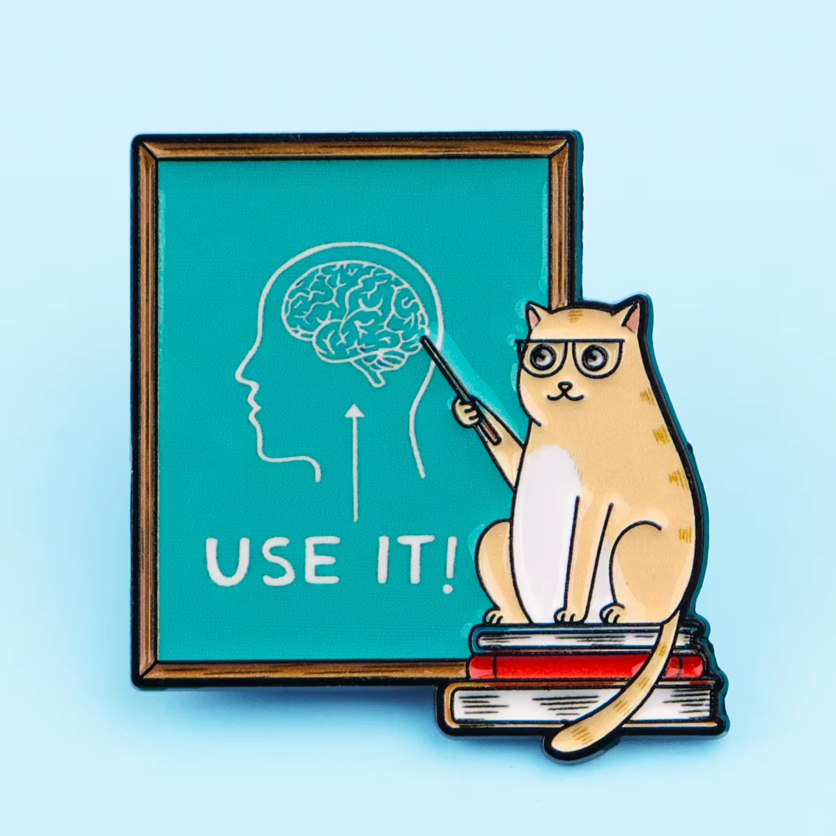 Pin de esmalte de gato profesor con diseño de cerebro