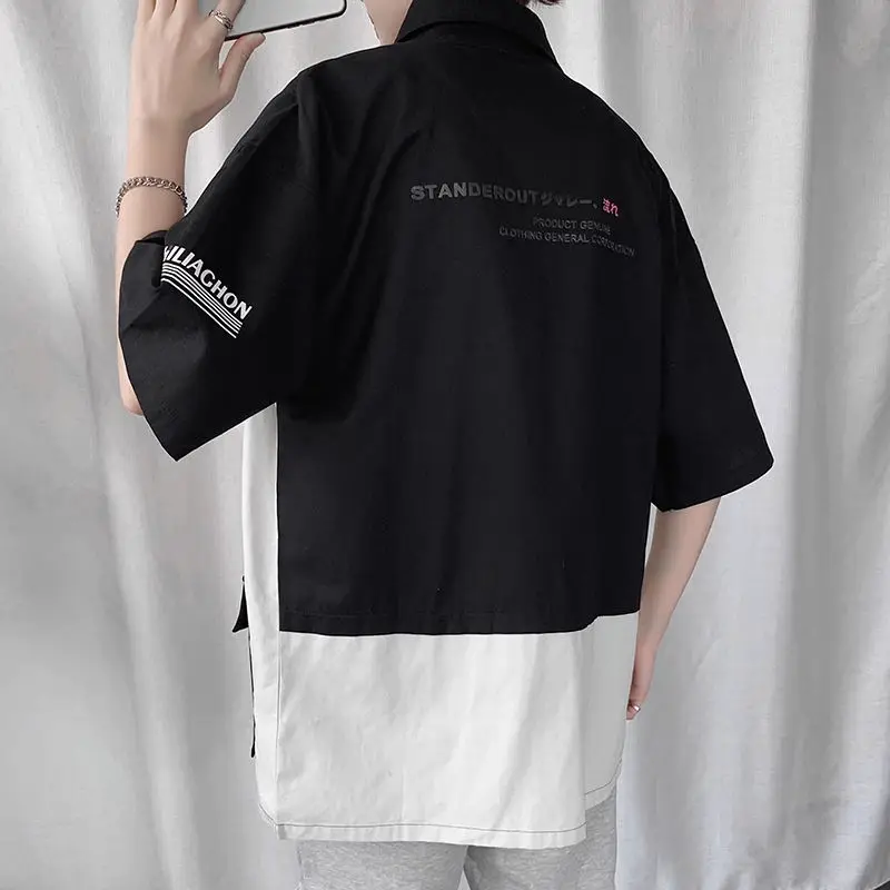 Camisa de manga corta para hombre, camisa de trabajo holgada informal de estilo de Hong Kong, Top de contraste de estilo veraniego, camisas holgadas con bloqueo de Color - imagen 4