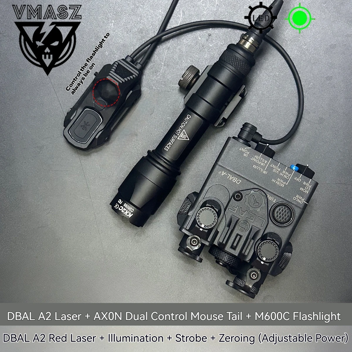 DBAL A2 punto rojo verde láser Surefi M300 M600 linterna presión caza Airsoft luz para riel de 20mm AXON rata cola Set - imagen 3