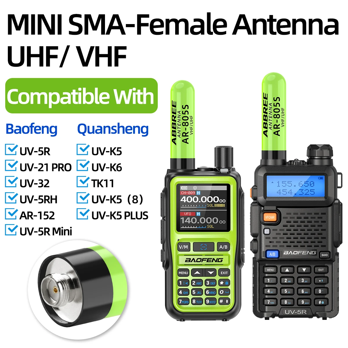 ABBREE AR-805S Antena SMA Doble Banda Alta Ganancia Baofeng UV-5R