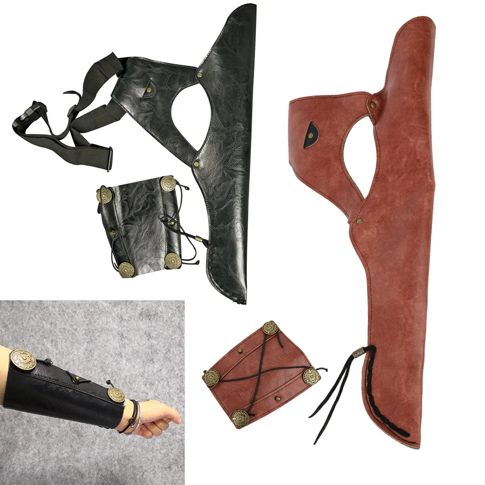 1 Juego de tiro con arco, aljaba de PU, protector de brazo, cinturón ajustable LH/RH, arco largo recurvo, arco tradicional, tiro, caza, flecha, bolsa, guardabrazos